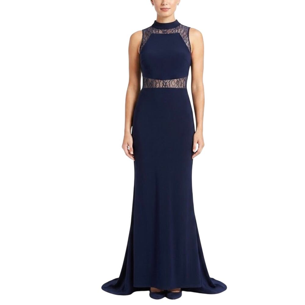 Betsy & Adam Blue Evening Gown Lace and Crepe Mock Neck Column Dress Size 10
